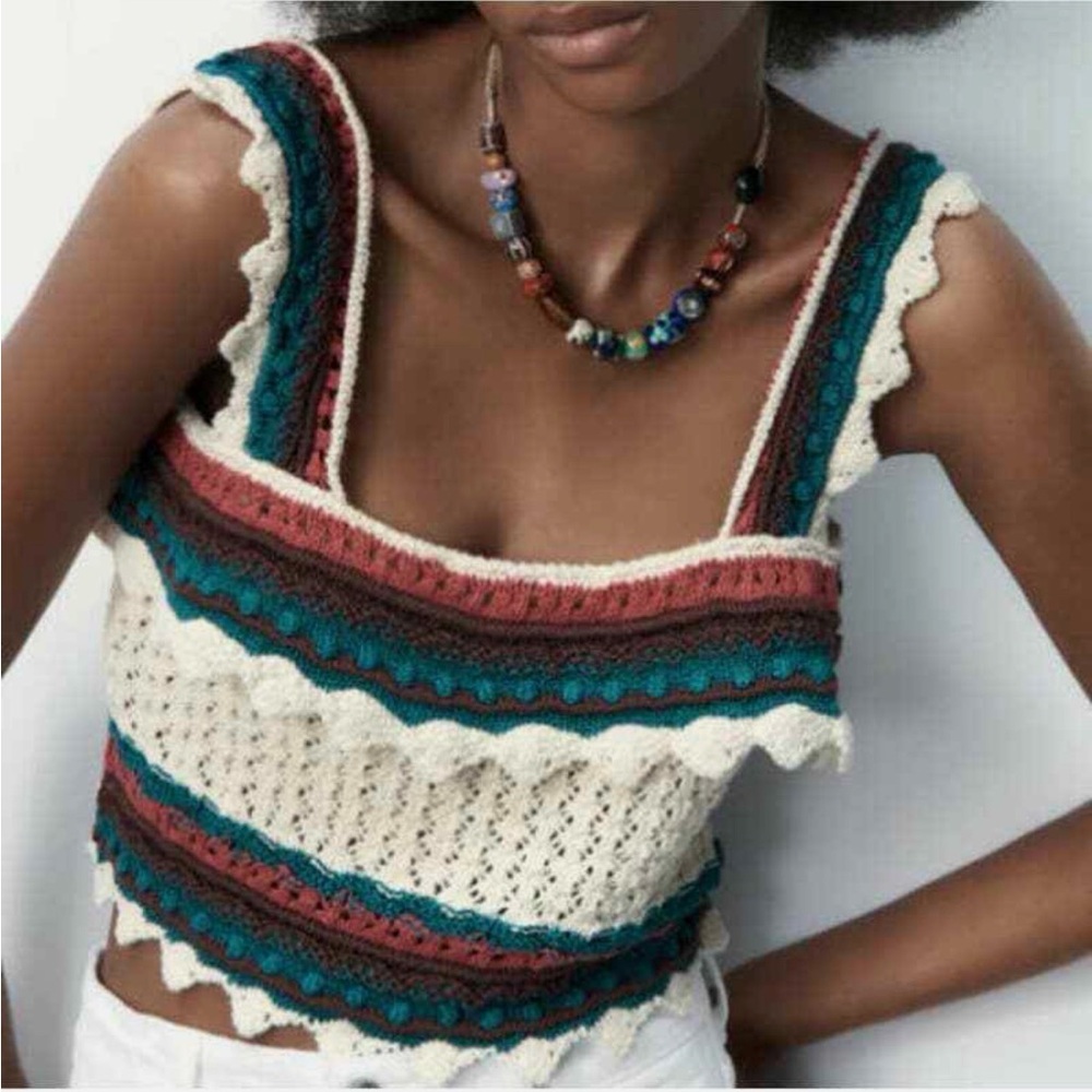 Zara knit Multicolor Crochet Knit ruffle crop top Sz s boho festival